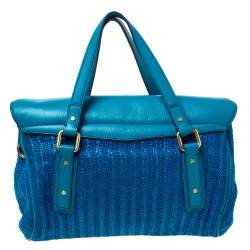 Pre Owned Marc by Marc Jacobs Two Tone Blue Raffia and Leather Turnlock Flap Shoulder Bag