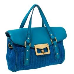 Pre Owned Marc by Marc Jacobs Two Tone Blue Raffia and Leather Turnlock Flap Shoulder Bag
