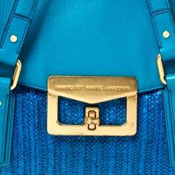Pre Owned Marc by Marc Jacobs Two Tone Blue Raffia and Leather Turnlock Flap Shoulder Bag