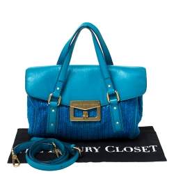 Pre Owned Marc by Marc Jacobs Two Tone Blue Raffia and Leather Turnlock Flap Shoulder Bag