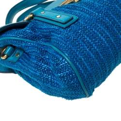 Pre Owned Marc by Marc Jacobs Two Tone Blue Raffia and Leather Turnlock Flap Shoulder Bag