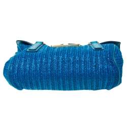 Pre Owned Marc by Marc Jacobs Two Tone Blue Raffia and Leather Turnlock Flap Shoulder Bag