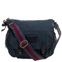 Pre Owned Marc by Marc Jacobs Dark Blue Canvas and Leather Turnlock Flap Shoulder Bag