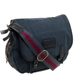 Pre Owned Marc by Marc Jacobs Dark Blue Canvas and Leather Turnlock Flap Shoulder Bag