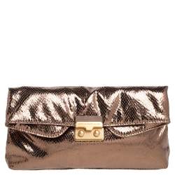 Pre Owned حقيبة كلتش مارك باي مارك جاكوبس قلاب قفل ضاغط جلد لامعة نمط ثعبان برونزية ميتالك