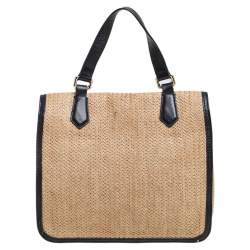 Pre Owned Marc by Marc Jacobs Beige/Black Leather And Straw Top Handle Bag