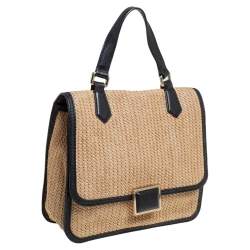 Pre Owned Marc by Marc Jacobs Beige/Black Leather And Straw Top Handle Bag