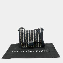 Pre Owned Marc By Marc Jacobs Navy Blue/White Woven Raffia and Leather Flap Crossbody Bag