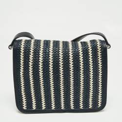 Pre Owned Marc By Marc Jacobs Navy Blue/White Woven Raffia and Leather Flap Crossbody Bag