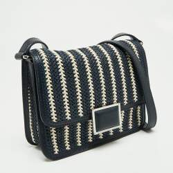 Pre Owned Marc By Marc Jacobs Navy Blue/White Woven Raffia and Leather Flap Crossbody Bag