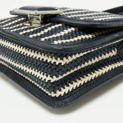 Pre Owned Marc By Marc Jacobs Navy Blue/White Woven Raffia and Leather Flap Crossbody Bag