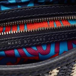 Pre Owned Marc By Marc Jacobs Navy Blue/White Woven Raffia and Leather Flap Crossbody Bag