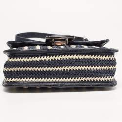 Pre Owned Marc By Marc Jacobs Navy Blue/White Woven Raffia and Leather Flap Crossbody Bag