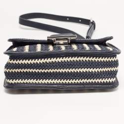 Pre Owned Marc By Marc Jacobs Navy Blue/White Woven Raffia and Leather Flap Crossbody Bag