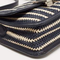 Pre Owned Marc By Marc Jacobs Navy Blue/White Woven Raffia and Leather Flap Crossbody Bag