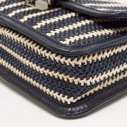 Pre Owned Marc By Marc Jacobs Navy Blue/White Woven Raffia and Leather Flap Crossbody Bag