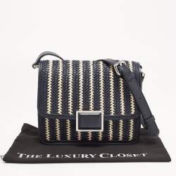 Pre Owned Marc By Marc Jacobs Navy Blue/White Woven Raffia and Leather Flap Crossbody Bag