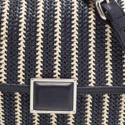 Pre Owned Marc By Marc Jacobs Navy Blue/White Woven Raffia and Leather Flap Crossbody Bag