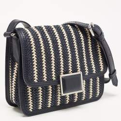 Pre Owned Marc By Marc Jacobs Navy Blue/White Woven Raffia and Leather Flap Crossbody Bag