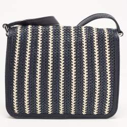 Pre Owned Marc By Marc Jacobs Navy Blue/White Woven Raffia and Leather Flap Crossbody Bag