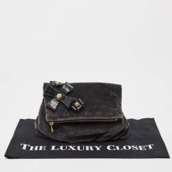 Marc by Marc Jacobs Grey/Black Velvet and Croc Embossed Leather Bow Fold Over Clutch