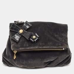 Marc by Marc Jacobs Grey/Black Velvet and Croc Embossed Leather Bow Fold Over Clutch