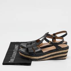 Pre Owned Marc by Marc Jacobs Black Leather Stripe Espadrille Wedge Sandals Size 39