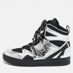 Marc by Marc Jacobs Silver/Black Leather and Fabric High Top Sneakers Size 36