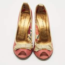 Pre Owned Marc by Marc Jacobs Gold/Red Canvas Bow Peep Toe Pumps Size 37