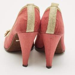 Pre Owned Marc by Marc Jacobs Gold/Red Canvas Bow Peep Toe Pumps Size 37