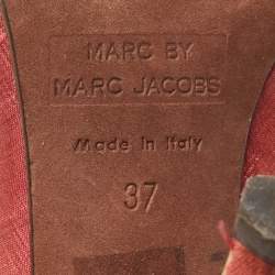 Pre Owned Marc by Marc Jacobs Gold/Red Canvas Bow Peep Toe Pumps Size 37
