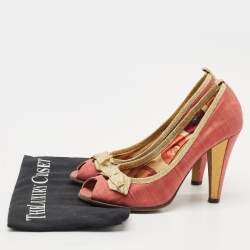 Pre Owned Marc by Marc Jacobs Gold/Red Canvas Bow Peep Toe Pumps Size 37
