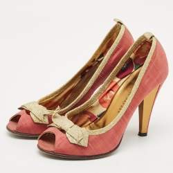 Pre Owned Marc by Marc Jacobs Gold/Red Canvas Bow Peep Toe Pumps Size 37