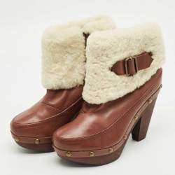 Pre Owned Marc by Marc Jacobs Brown Leather and Shearling Ankle Length Boots Size 37