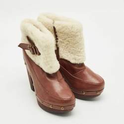 Pre Owned Marc by Marc Jacobs Brown Leather and Shearling Ankle Length Boots Size 37