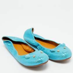 Pre Owned Marc by Marc Jacobs Blue Suede Logo Plaque Scrunch Ballet Flats Size 37