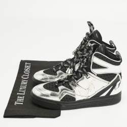 Pre Owned Marc by Marc Jacobs Silver/Black Leather and Fabric High Top Sneakers Size 36