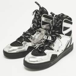 Pre Owned Marc by Marc Jacobs Silver/Black Leather and Fabric High Top Sneakers Size 36