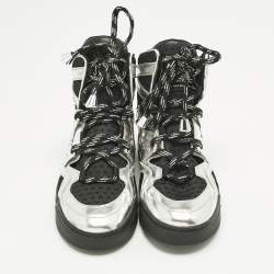 Pre Owned Marc by Marc Jacobs Silver/Black Leather and Fabric High Top Sneakers Size 36