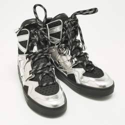 Pre Owned Marc by Marc Jacobs Silver/Black Leather and Fabric High Top Sneakers Size 36