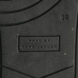 Pre Owned Marc by Marc Jacobs Silver/Black Leather and Fabric High Top Sneakers Size 36