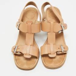 Pre Owned Marc by Marc Jacobs Beige Leather T-Strap Buckle Sandals Size 37