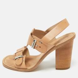 Pre Owned Marc by Marc Jacobs Beige Leather T-Strap Buckle Sandals Size 37