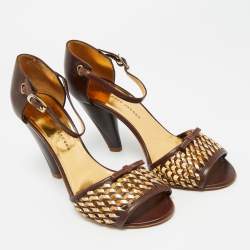 Pre Owned Marc by Marc Jacobs Brown/Gold Leather Bow Ankle Strap Sandals Size 37.5