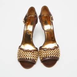 Pre Owned Marc by Marc Jacobs Brown/Gold Leather Bow Ankle Strap Sandals Size 37.5
