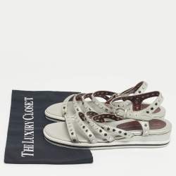 Pre Owned Marc by Marc Jacobs Silver Leather Gena Studded Ankle Strap Flat Sandals Size 36.5