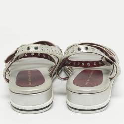 Pre Owned Marc by Marc Jacobs Silver Leather Gena Studded Ankle Strap Flat Sandals Size 36.5