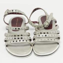 Pre Owned Marc by Marc Jacobs Silver Leather Gena Studded Ankle Strap Flat Sandals Size 36.5