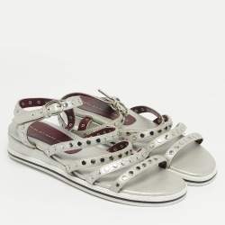 Pre Owned Marc by Marc Jacobs Silver Leather Gena Studded Ankle Strap Flat Sandals Size 36.5