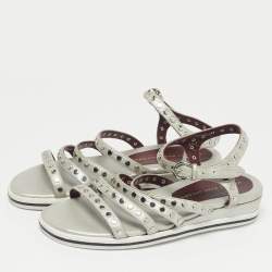 Pre Owned Marc by Marc Jacobs Silver Leather Gena Studded Ankle Strap Flat Sandals Size 36.5